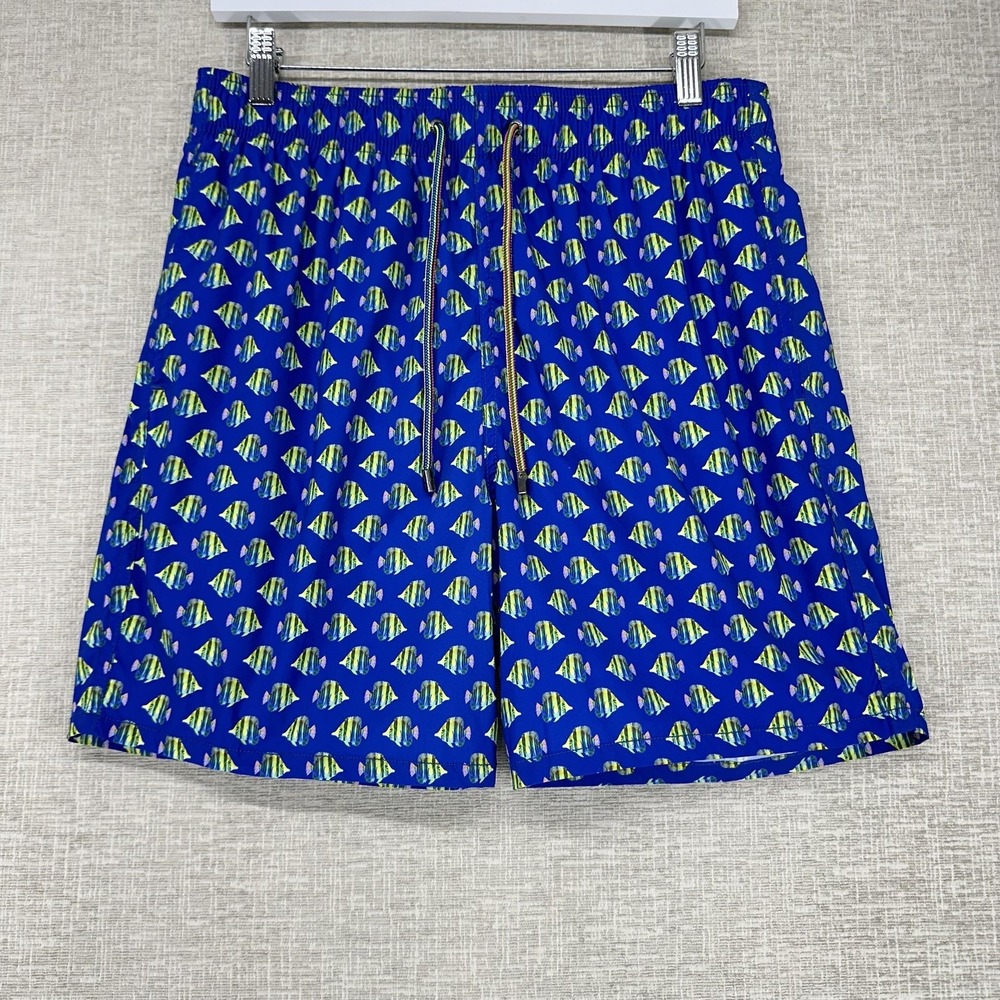 Bugatchi Swim Trunks Mens Medium Blue Fish Print Elastic Waist Mesh Lined Beach